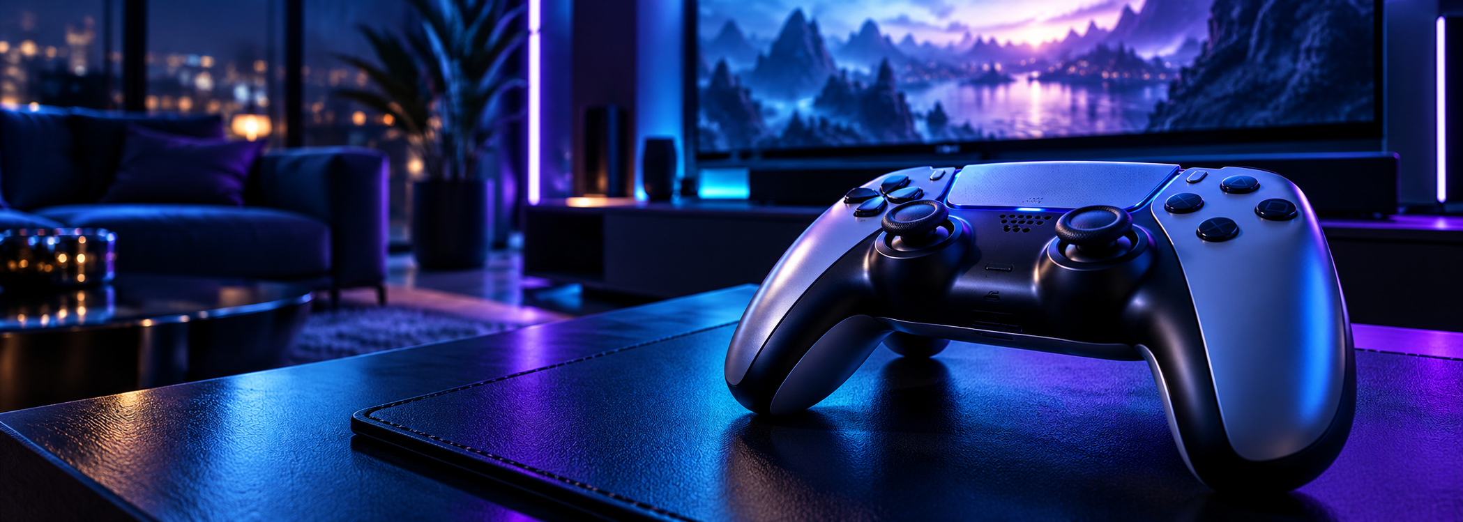 Mavi ve mor oyun ışıkları içinde PlayStation kontrolcüsü